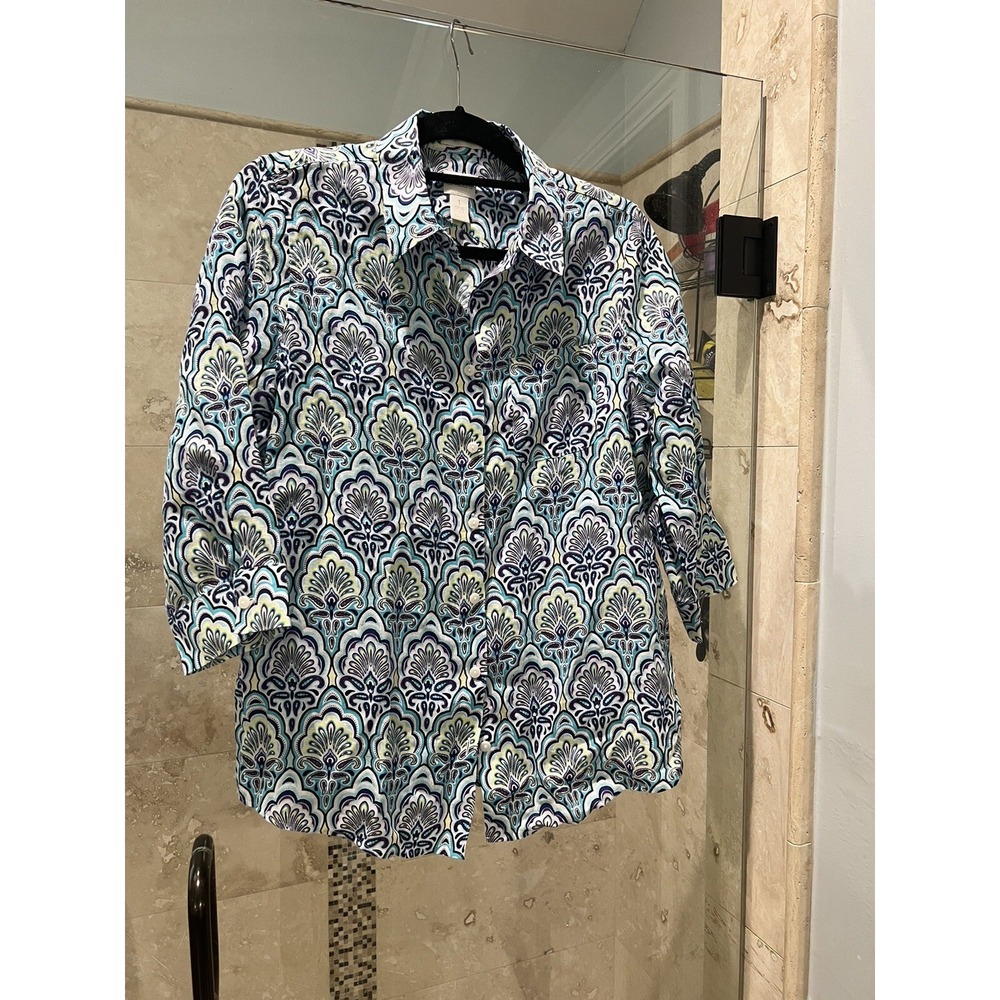 Chico's Size 1 No Iron Linen Button Up Blouse 3/4 Sleeve Blue White Medallion